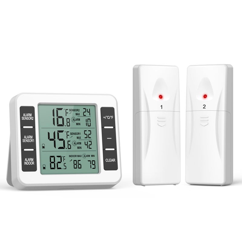 KeeKit Refrigerator Thermometer, Indoor Outdoor Thermometer with 2 Sensors, Wireless Digital Freezer Thermometer with Audible Alarm Temperature Gauge, Min/Max Record for Home, Kitchen â€“ White - Image 1